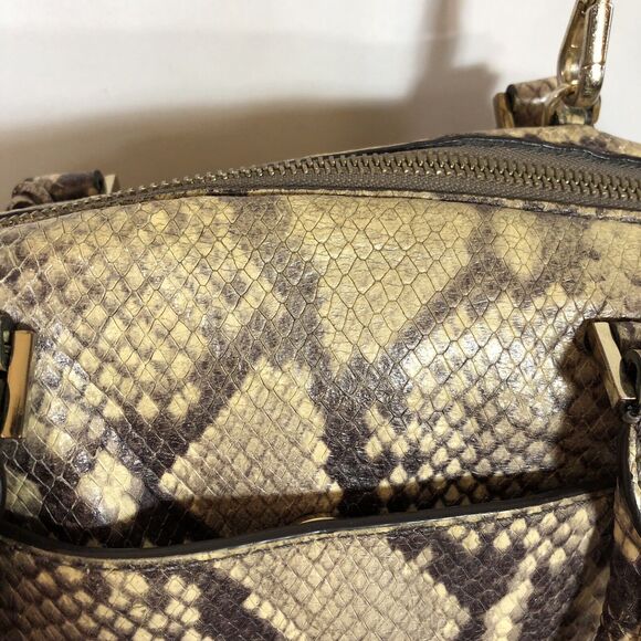 Michael Kors Riley Black Tan Beige Python Embossed Leather Satchel Crossbody - Picture 12 of 16